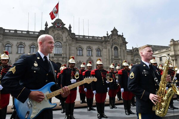 The 249th Band joined the Peruvian Armed Forces (PAF) “Mariscal Nieto” Cavalry Regiment to participate in the changing of the guard at Peru’s Presidential Palace on July 3, 2018, as the first foreign band to take part in the ceremonial event. The same day, the band showcased their talents at the official Independence Day celebration at the United States Department of State Chief of Mission Residence in Lima. The tour was also a celebration of the 21-year relationship between the WVNG and PAF through the State Partnership Program (SPP).