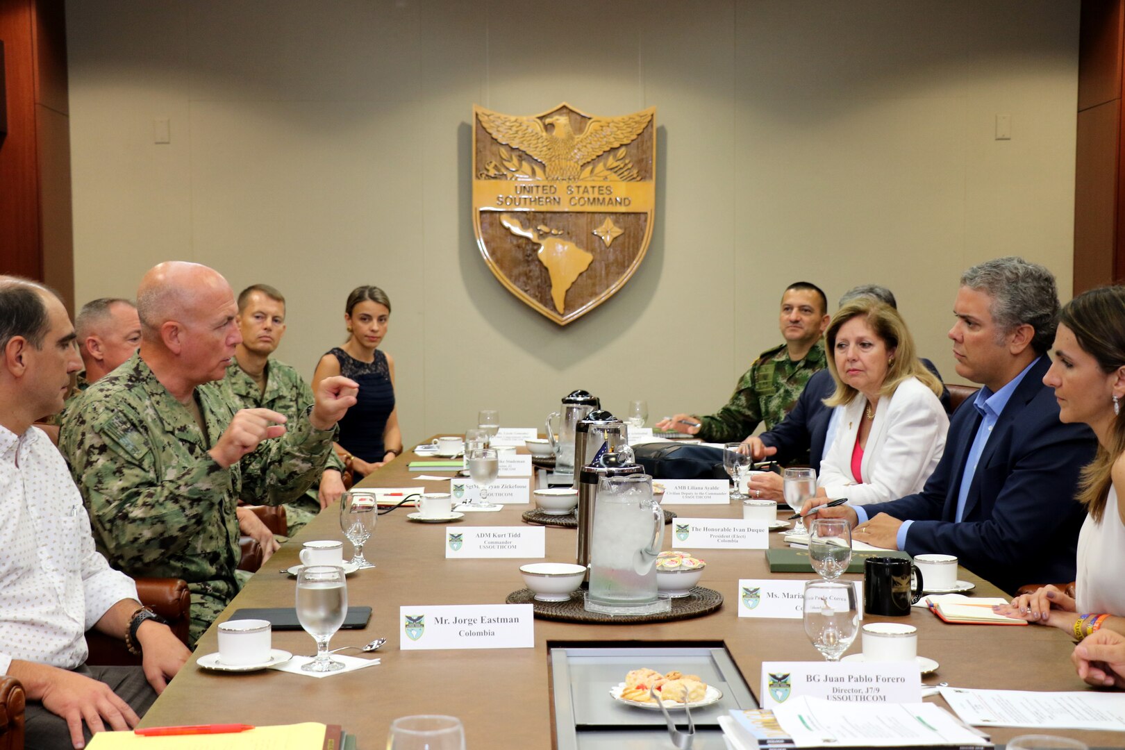 U.S. Navy Adm. Kurt Tidd, commander of U.S. Southern Command (SOUTHCOM), talks with Colombian President-elect Ivan Duque