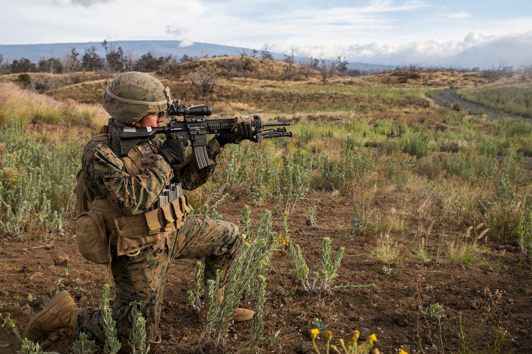 A U.S. Marine with Bravo Company, 1st Battalion, 3rd Marine Regiment, sites in on a target during a live-fire training event as part of Rim of the Pacific (RIMPAC) exercise at Pohakuloa Training Area, Hawaii, July 13, 2018. The live-fire training integrated fire teams from other RIMPAC participants with U.S. Marines, which provides high-value training for task-organized, highly capable Marine Air-Ground Task Force and enhances the critical crisis response capability of U.S. Marines in the Pacific. Twenty-five nations, 46 ships, five submarines, about 200 aircraft and 25,000 personnel are participating in RIMPAC from June 27 to Aug. 2 in and around the Hawaiian Islands and Southern California. (U.S. Marine Corps photo by Lance Cpl. Adam Montera)