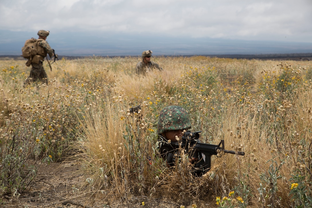 A Philippine marine provides security as U.S. Marines move into position during a noncombatant evacuation operation (NEO) training event as part of Rim of the Pacific (RIMPAC) exercise at Pohakuloa Training Area, Hawaii, July 12, 2018. A NEO is conducted to evacuate U.S. citizens whose lives are in danger. RIMPAC provides high-value training for task-organized, highly capable Marine Air-Ground Task Force and enhances the critical crisis response capability of U.S. Marines in the Pacific. Twenty-five nations, 46 ships, five submarines, about 200 aircraft and 25,000 personnel are participating in RIMPAC from June 27 to Aug. 2 in and around the Hawaiian Islands and Southern California. (U.S. Marine Corps photo by Lance Cpl. Adam Montera)