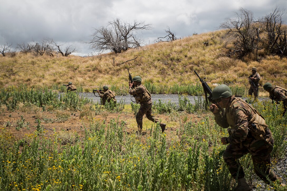 Tongan marines with the Royal Tongan Marine Infantry maneuver towards notional enemies during a live-fire training event as part of Rim of the Pacific (RIMPAC) exercise at Pohakuloa Training Area, Hawaii, July 13, 2018. The live-fire training integrated fire teams from other RIMPAC participants with U.S. Marines, which provides high-value training for task-organized, highly capable Marine Air-Ground Task Force and enhances the critical crisis response capability of U.S. Marines in the Pacific.