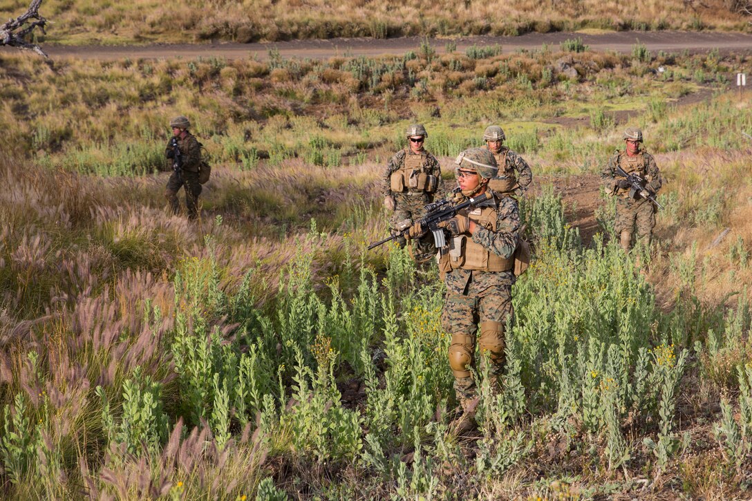 U.S. Marines with Bravo Company, 1st Battalion, 3rd Marine Regiment, advance towards an enemy position during a live-fire training event as part of Rim of the Pacific (RIMPAC) exercise at Pohakuloa Training Area, Hawaii, July 13, 2018. The live-fire training integrated fire teams from other RIMPAC participants with U.S. Marines, which provides high-value training for task-organized, highly capable Marine Air-Ground Task Force and enhances the critical crisis response capability of U.S. Marines in the Pacific.