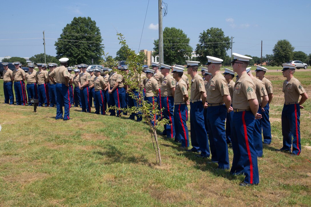 Sgt. Maj. Ronald L. Green, 18th sergeant major of the Marine Corps, addresses the Marines of Marine Aerial Refueler Transport Squadron 452, Marine Aircraft Group 49, 4th Marine Aircraft Wing, who gather at the Memorial Marker dedicated to honor the sacrifice of the fallen passengers and crew of Yanky 72, during the Memorial Ceremony, July 14, 2018. The Yanky 72 Memorial Ceremony was held to remember and honor the ultimate sacrifices made by the fallen Marines and Sailor of VMGR-452 and Marine Corps Special Operations Command. (U.S. Marine Corps photo by Lance Cpl. Samantha Schwoch/released)