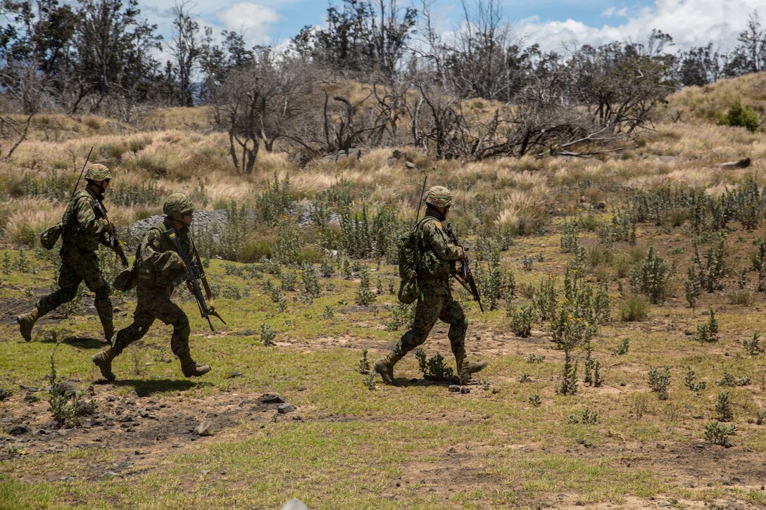 Japanese soldiers with 2nd Amphibious Rapid Deployment Regiment, Japan Ground Self-Defense Force,  maneuver towards an objective during a live-fire training event as part of Rim of the Pacific (RIMPAC) exercise at Pohakuloa Training Area, Hawaii, July 13, 2018. The live-fire training integrated fire teams from other RIMPAC participants with U.S. Marines, which provides high-value training for task-organized, highly capable Marine Air-Ground Task Force and enhances the critical crisis response capability of U.S. Marines in the Pacific.
