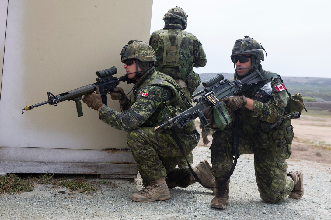 Canadian soldiers with the Royal 22e Régiment provide security during an amphibious raid as part of Rim of the Pacific (RIMPAC) exercise on Marine Corps Base Camp Pendleton, California, July 13, 2018. This evolution provided an opportunity for participating nations to share best practices which included loading and unloading drills as well as squad attacks. RIMPAC demonstrates the value of amphibious forces and provides high-value training for task-organized, highly capable Marine Air-Ground Task Forces enhancing the critical crisis response capability of U.S. forces and partners globally.