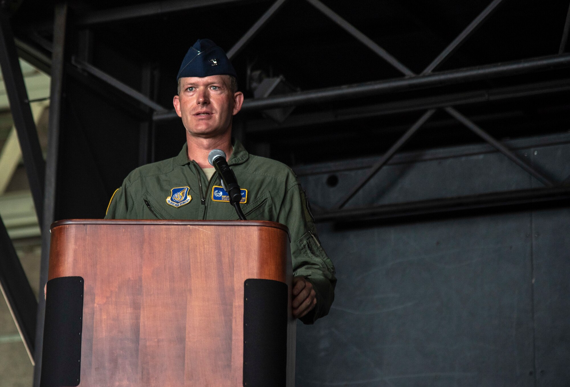 U.S. Air Force Col. Kristopher W. Struve, 35th Fighter Wing commander, addresses Team Misawa for the first time as commander during a change of command ceremony at Misawa Air Base, Japan, July 16, 2018. Prior to arriving at Misawa Struve served as the 8th Operations Group commander at Kunsan Air Base, Republic of Korea.  (U.S. Air Force photo by Airman 1st Class Collette Brooks)