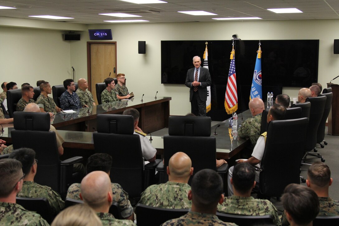 USAG YONGSAN, Korea – The Honorable Richard V. Spencer, Secretary of the Navy, speaks to U.S. Navy and Marine Corps personnel here, July 13. Spencer provided insight into current and future policy for the naval services. (U.S. Marine Corps photo by Sgt. Nathaniel Hanscom/Released)