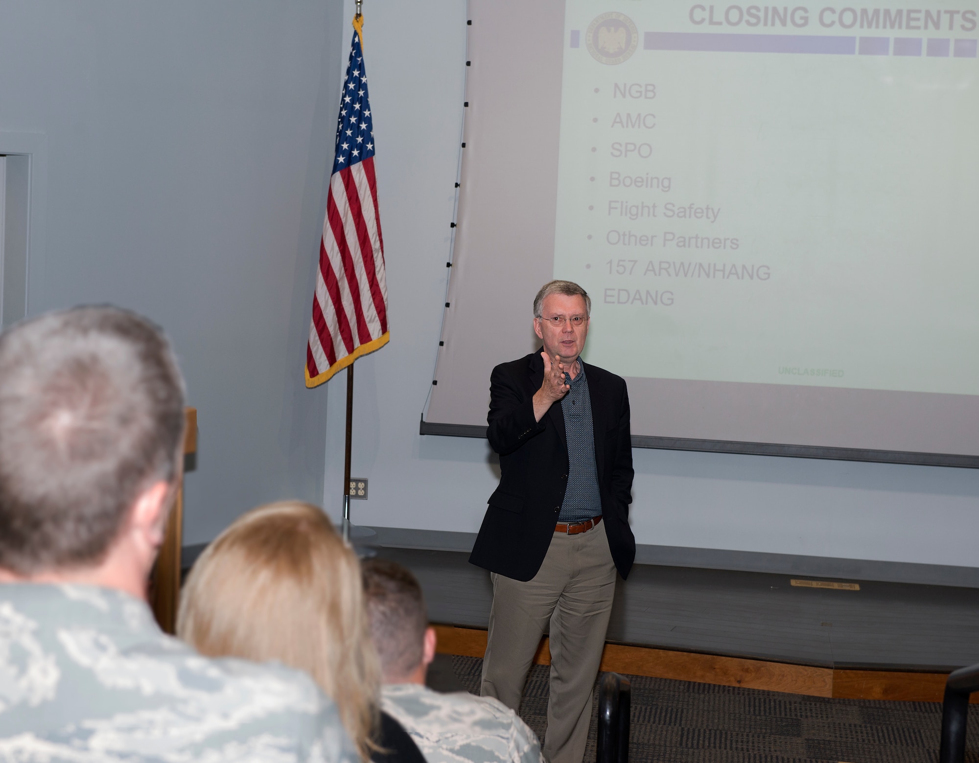 Executive Director of the Air National Guard, Daniel E. Bishop, makes closing remarks during an outbrief on July 12, 2018 at Pease Air National Guard Base, N.H. Bishop toured the base and participated in planning meetings during the final day of a three-day workshop which brought together members of the geographically dispersed KC-46A conversion team. (N.H. Air National Guard photo by Staff Sgt. Kayla White)