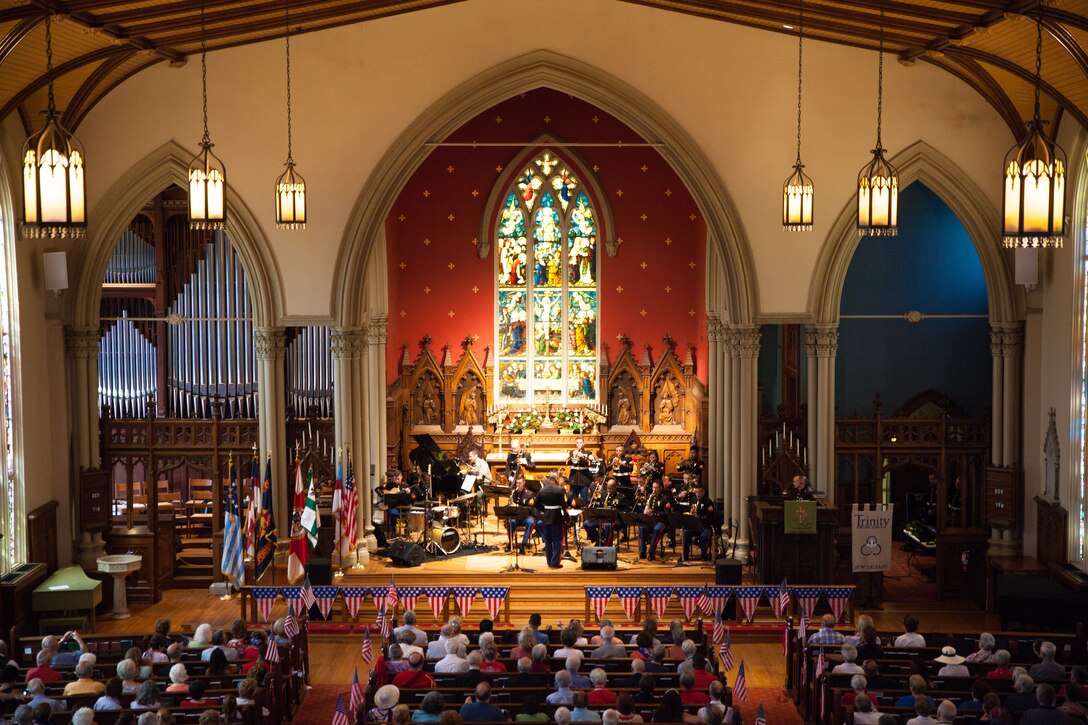 The Marine Forces Reserve Band performs during the 20th Annual Patriotic Music Festival at the Trinity Episcopal Church, New Orleans on July 1, 2018. The music festival is one of multiple concerts performed by the band for their Independence Day concert series. (U.S. Marine Corps photo by Lance Cpl. Tessa D. Watts)