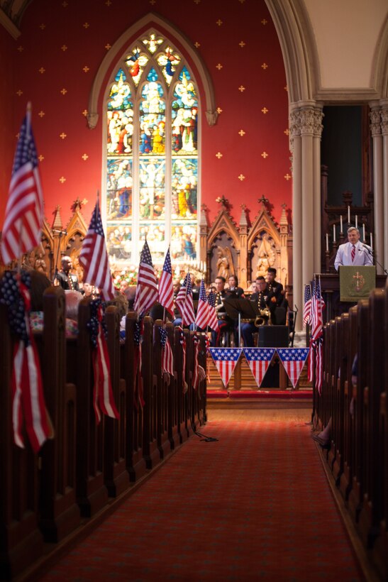 Mr. Gregg T. Habel, executive director of Marine Forces Reserve and Marine Forces North, gives opening remarks during the 20th Annual Patriotic Music Festival at the Trinity Episcopal Church, New Orleans on July 1, 2018. The music festival is one of multiple concerts performed by the Marine Forces Reserve Band for their Independence Day concert series. (U.S. Marine Corps photo by Lance Cpl. Tessa D. Watts)