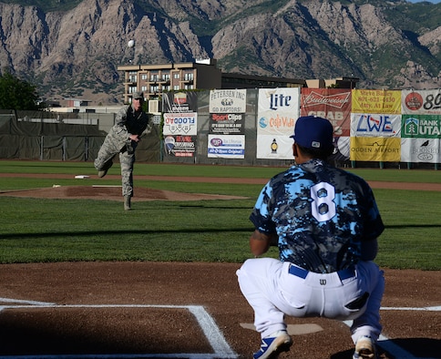 Col. Jon A. Eberlan, 75th Air Base Wing commander, throws the ceremonial first pitch before the July 13, 2018, Military Appreciation Night game between the Ogden Raptors and Missoula Osprey at Lindquist Field in Ogden, Utah. Each year, the Ogden Raptors team up with the Top of Utah Military Affairs Committee to offer tickets to Hill Air Force Base personnel and their families. (U.S. Air Force photo by Alex R. Lloyd)