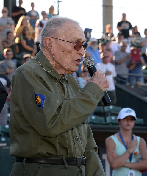 World War II veteran Hal Golde, 95, sings the national anthem before the July 13, 2018, Military Appreciation Night game between the Ogden Raptors and Missoula Osprey at Lindquist Field in Ogden, Utah. Each year, the Ogden Raptors team up with the Top of Utah Military Affairs Committee to offer tickets to Hill Air Force Base personnel and their families. (U.S. Air Force photo by Alex R. Lloyd)
