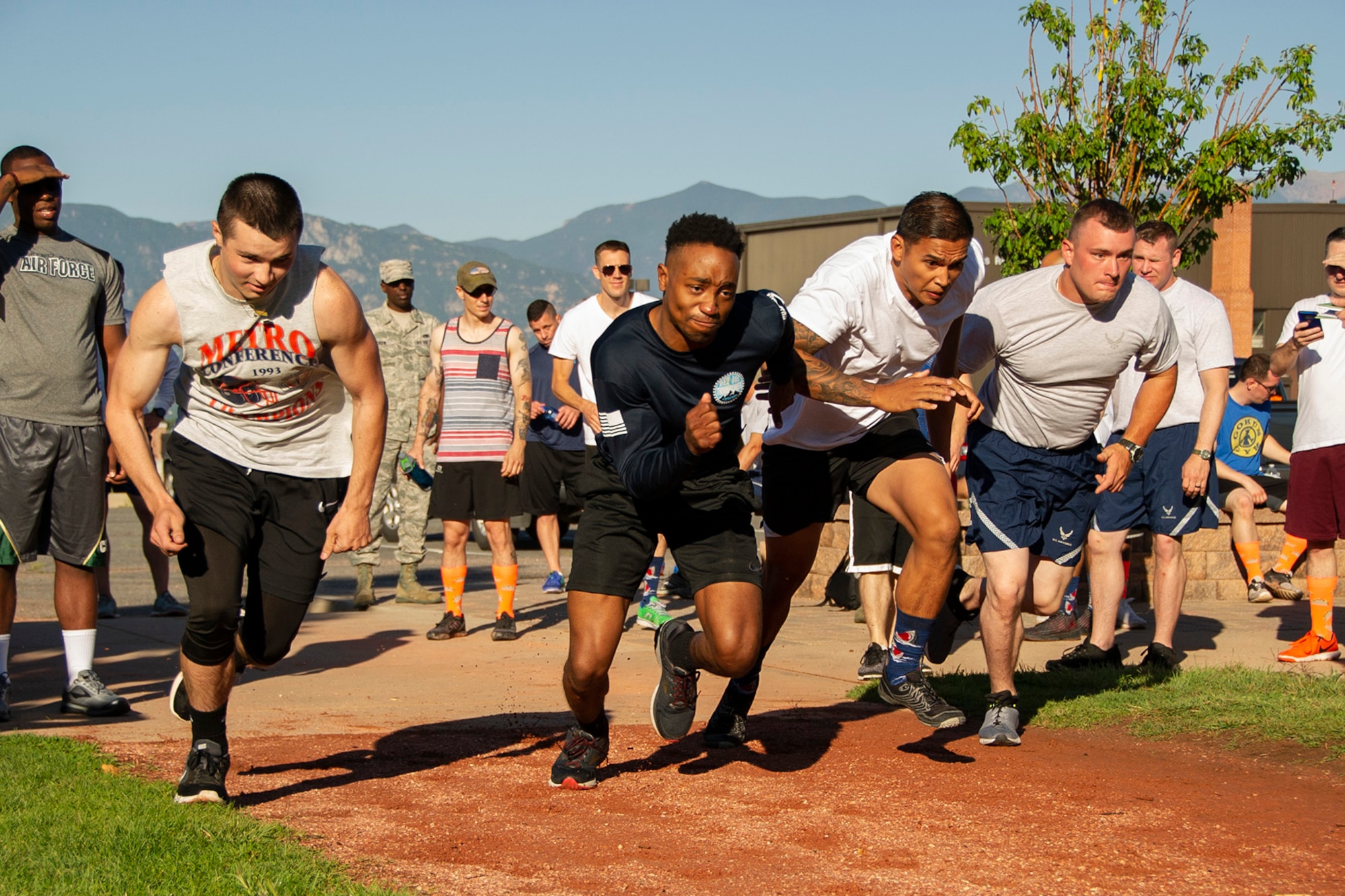 Reservists from the 302nd Airlift Wing start a sprint during the sixth annual First Sergeants’ Fitness Challenge, July 15, 2018, at Peterson Air Force Base, Colorado.