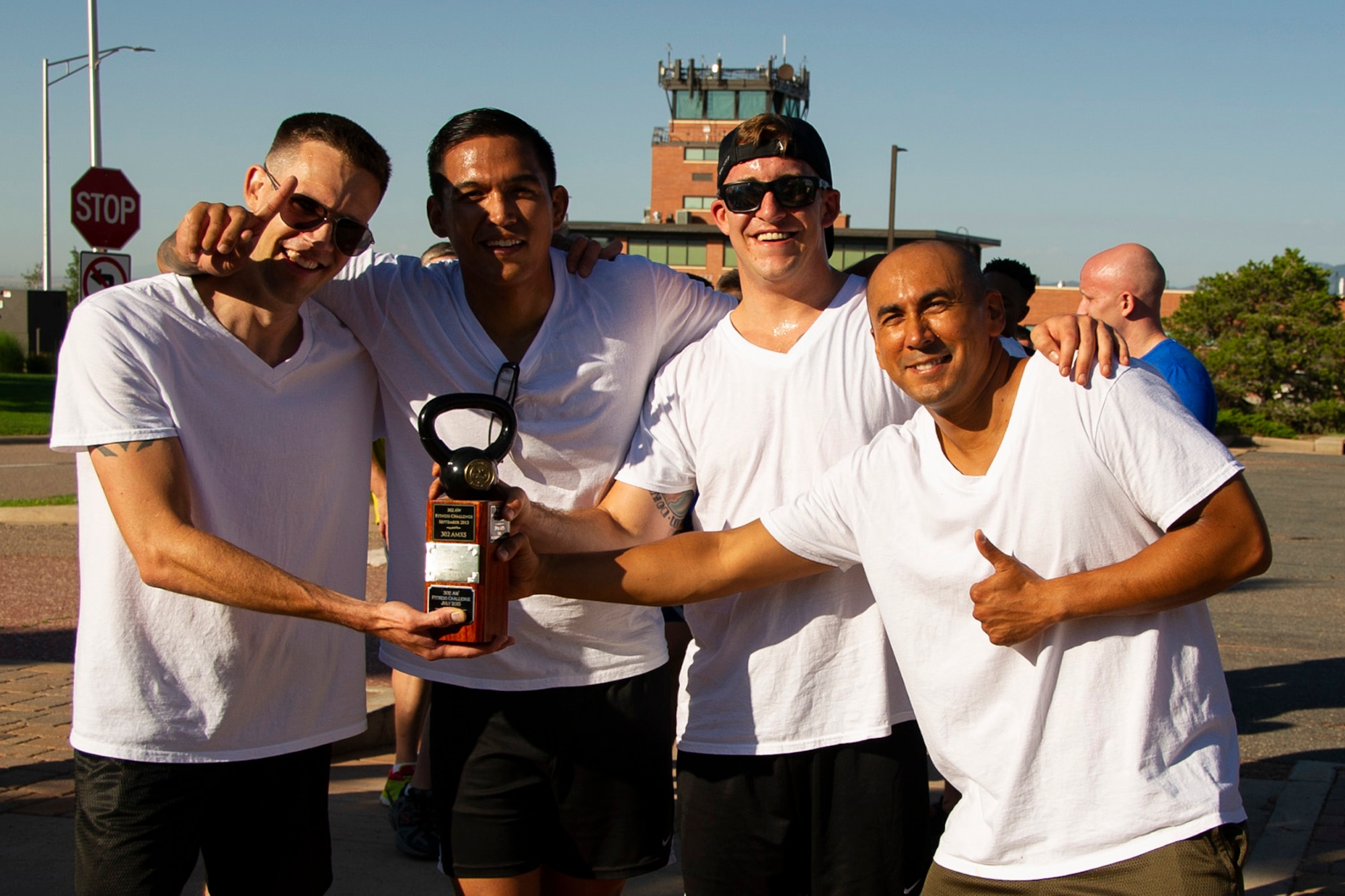 Reserve Citizen Airmen from the 302nd Maintenance Squadron win the sixth annual First Sergeant’s Fitness Challenge with a time of 8:29, July 15, 2018, at Peterson Air Force Base, Colorado.