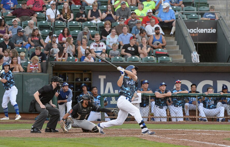The Ogden Raptors debuted the team's blue, camouflaged military appreciation uniforms against the Missoula Osprey July 13, 2018, during the Military Appreciation Night game at Lindquist Field in Ogden, Utah. Each year, the Ogden Raptors team up with the Top of Utah Military Affairs Committee to offer tickets to Hill Air Force Base personnel and their families. (U.S. Air Force photo by Alex R. Lloyd)