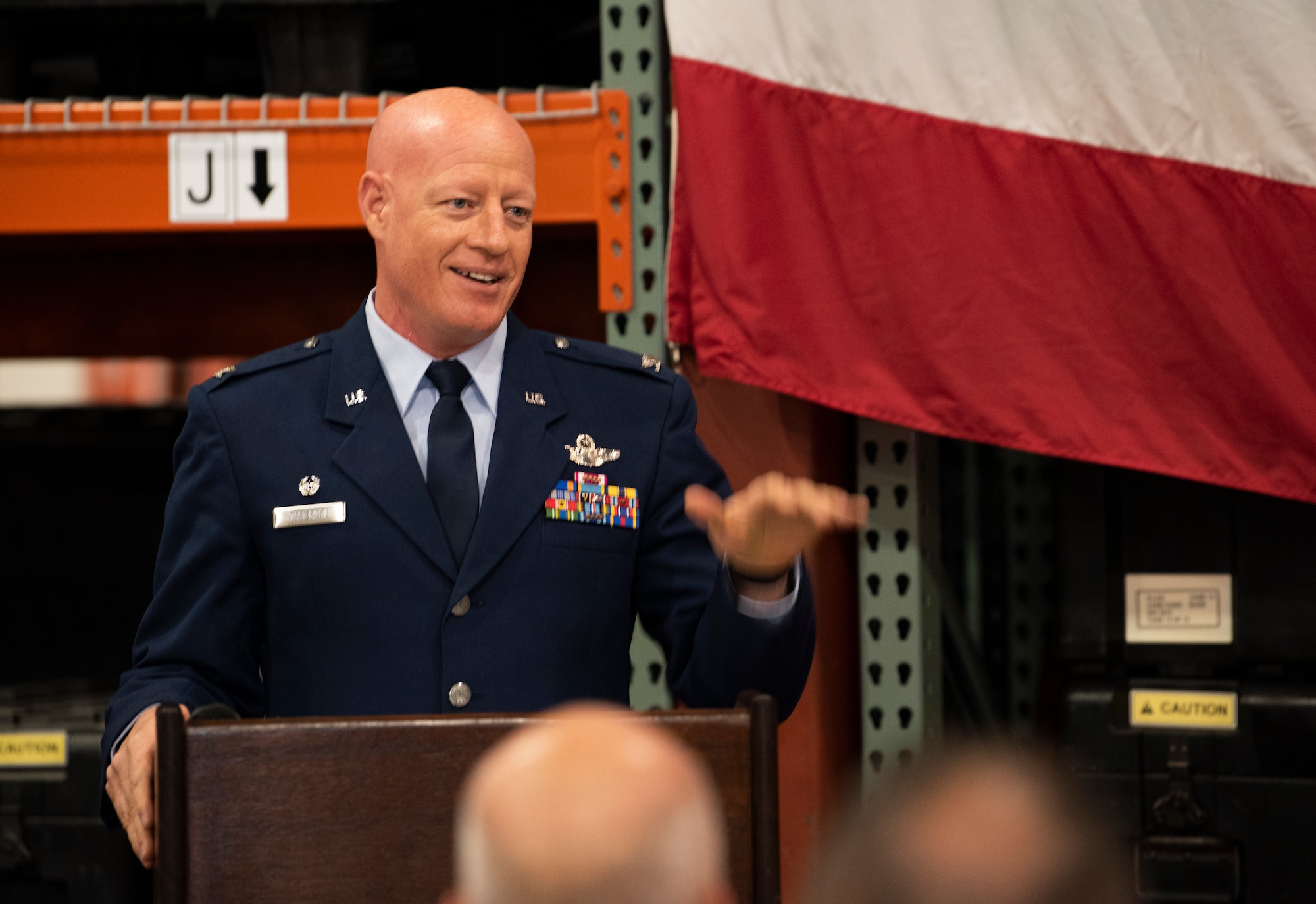 Col. Todd Tobergte, 926th Operations Group commander, welcomes Lt. Col. Sheila Wilds, incoming 379th Space Range Squadron commander, during an assumption of command ceremony July 14th, 2018.