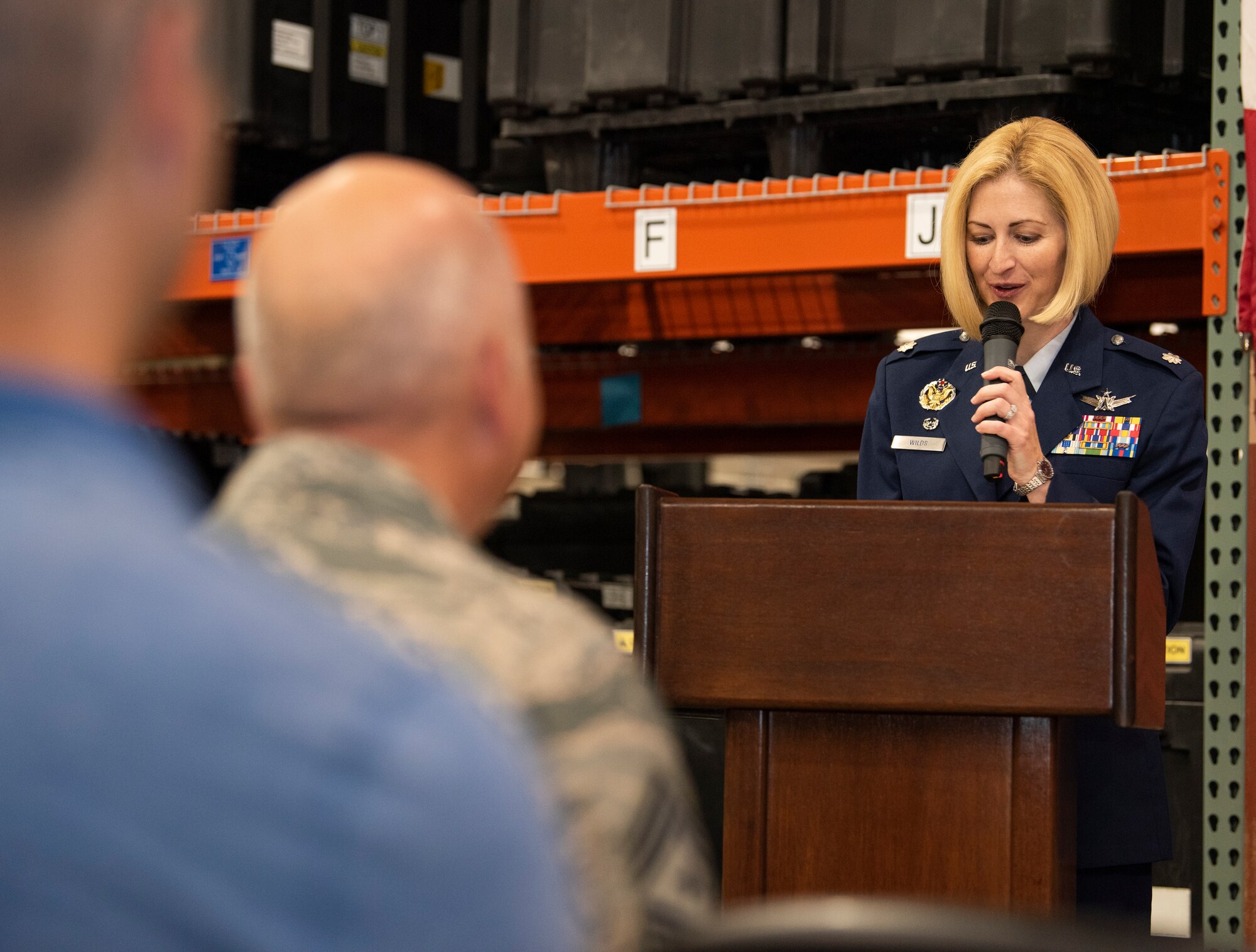 Lt. Col. Sheila Wilds, 379th Space Range Squadron commander, addresses the crowd gathered to witness her assumption of command July 14th, 2018.