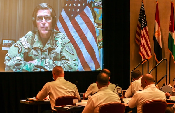 Gen. Joseph L. Votel, commanding general, U.S. Central Command, spoke to participants about the regional priorities addressed in the U.S. National Security Strategy, to include the impacts of Iranian malign influence, at the 2018 Senior Strategy Session – Arabian Peninsula / Levant in Arlington, Va, July 9, 2018. The conference promoted the successes of ongoing coalition action against emerging threats and improved shared understanding of regional land force counterparts to invest in the right capabilities to achieve better interoperability and greater effectiveness in pursuing mutual national interests. Over the four-day conference, speakers and participants will engage in discussions centering on the complexities and lessons learned from Joint, Interagency, Intergovernmental and Multinational (JIIM) efforts during ongoing theater campaigns that have global implications. (U.S. Army photo by Sgt. Von Marie Donato)
