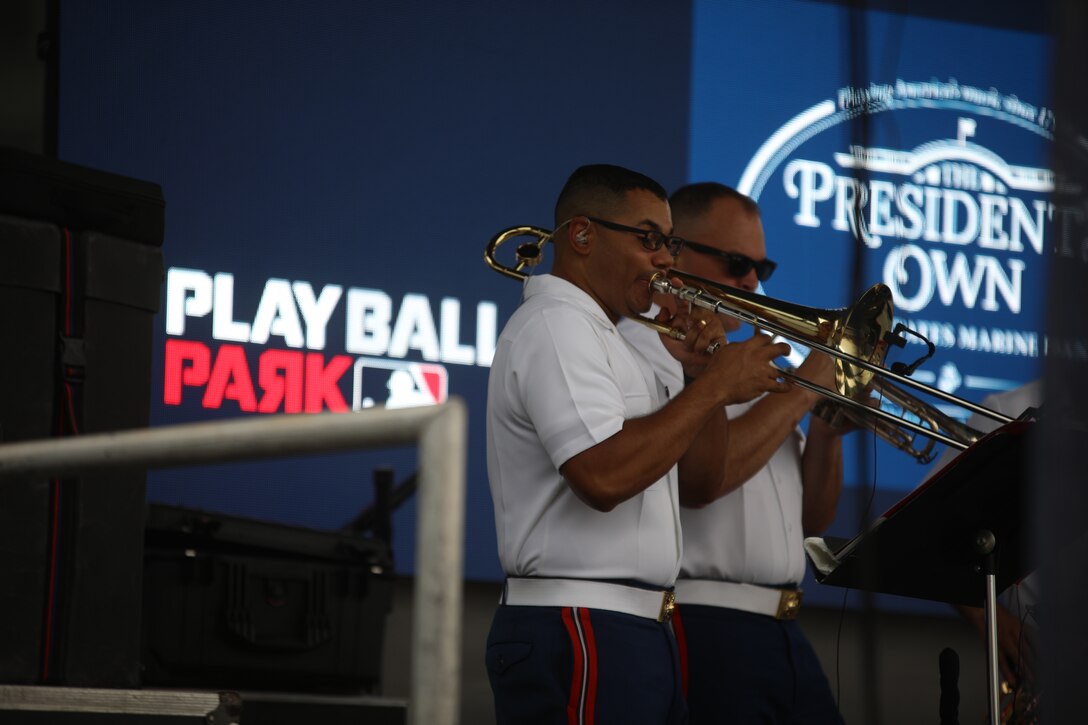 On July 15, 2018, the Marine Band's contemporary music ensmble, Free Country performed at PLAY BALL Park in Washington, D.C., as a part of Major League Baseball's All-Star Game events. (U.S. Marine Corps photo by Master Sgt. Amanda Simmons/released)