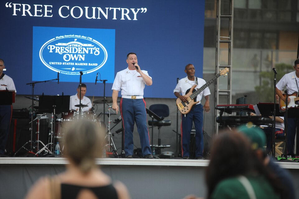 On July 15, 2018, the Marine Band's contemporary music ensmble, Free Country performed at PLAY BALL Park in Washington, D.C., as a part of Major League Baseball's All-Star Game events. (U.S. Marine Corps photo by Master Sgt. Amanda Simmons/released)