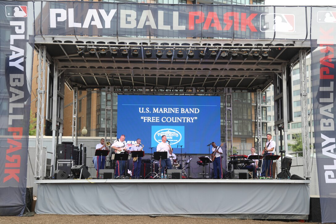 On July 15, 2018, the Marine Band's contemporary music ensmble, Free Country performed at PLAY BALL Park in Washington, D.C., as a part of Major League Baseball's All-Star Game events. (U.S. Marine Corps photo by Master Sgt. Amanda Simmons/released)