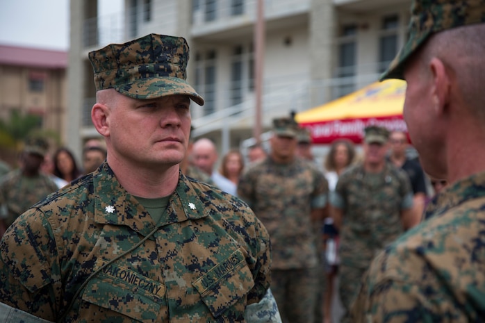 U.S. Marine Corps Lt. Col. Michael R. Nakonieczny stands at attention during the 1st Light Armored Reconnaissance Battalion, 1st Marine Division, change of command ceremony at Marine Corps Base Camp Pendleton, Calif., June 21, 2018.