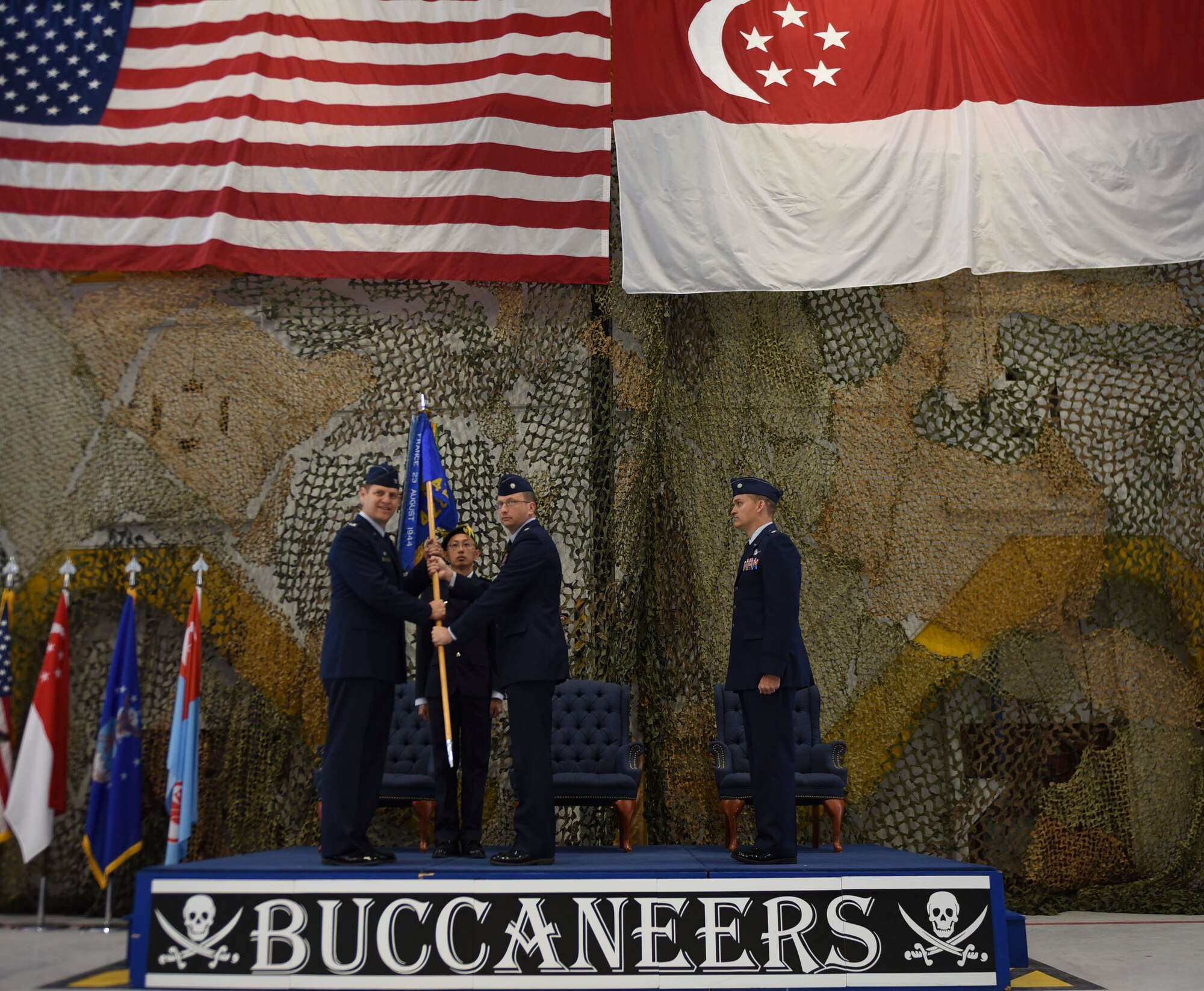 Image of Col. Joe Kunkel, 366th Fighter Wing commander, passes the 428th Fighter Squadron to Lt. Col. Donald Sandberg, former 428th Fighter Squadron commander, June, 29, 2018, at Mountain Home Air Force Base Idaho. As commander of the 428th FS, he transitioned the squadron to the next generation of F-15SG's and coordinated software lethality advancements while increasing training 20 percent. (U.S. Air Force photo by Senior Airman Alaysia Berry)