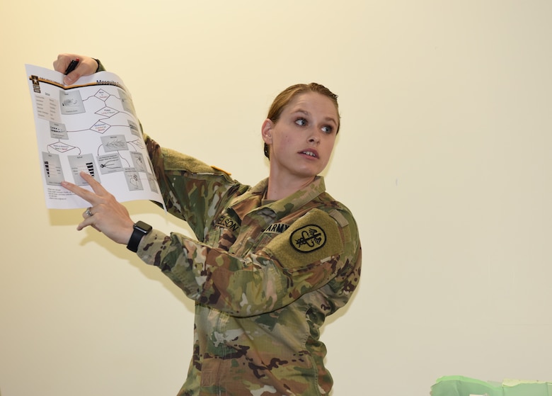 U.S. Army Spc. Marlee Nelson, U.S. Army Public Health Command Pacific preventive medicine specialist, Joint Base Lewis-McChord, Wash., discusses methods for identifying different species of mosquitoes during a vector-borne disease control subject matter exchange as part of Pacific Angel (PAC ANGEL) 18-3 in Luganville, Vanuatu, July, 10, 2018.