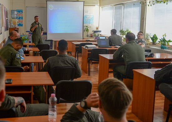 Participants of Thracian Summer 2018 attend a safety briefing before beginning operations in Plovdiv, Bulgaria, July 12, 2018. More than 10 units worked together to ensure the exercise kicked off successfully to build interoperability with the Bulgarian military. (U.S. Air Force photo by Staff Sgt. Jimmie D. Pike)