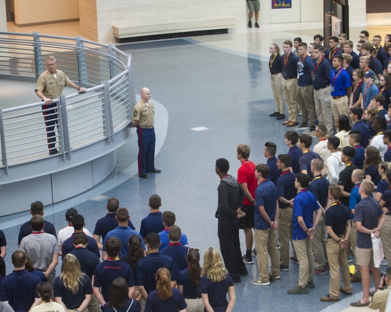 Col. Robert Goetz welcomes approximately 200 high school students from across the nation to Marine Corps Recruiting Command’s 2018 Summer Leadership and Character Development Academy at the National Museum of the Marine Corps in Triangle, Virginia, July 16. Students accepted into the academy were hand-selected by a board of Marines who look to find attendees with similar character traits as Marines. Inspired by the Marine Corps' third promise of developing quality citizens, the program was designed to challenge and develop the nation's top-performing high school students so they could return to their communities more confident, selfless and better equipped to improve the lives of those around them. Goetz currently serves as the commanding officer for the academy. (U.S. Marine Corps photo by LCpl. Naomi Marcom)