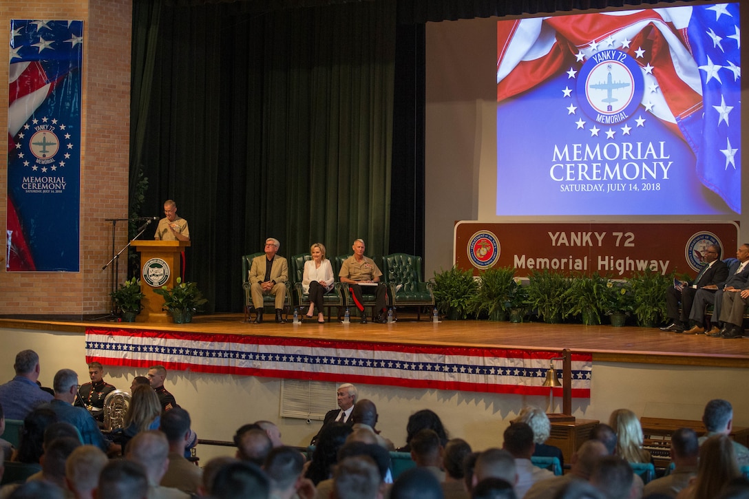 Lt. Gen. Carl Mundy III, commander of Marine Corps Forces Special Operations Command and Marine Corps Forces Central Command, addresses the loved ones, community members and distinguished visitors who gather in the Mississippi Valley State University auditorium to honor the sacrifice of the fallen passengers and crew of Yanky 72, during the Memorial Ceremony, July 14, 2018. The Yanky 72 Memorial Ceremony was held to remember and honor the ultimate sacrifices made by the fallen Marines and Sailor of VMGR-452 and Marine Corps Special Operations Command. (U.S. Marine Corps photo by Lance Cpl. Samantha Schwoch/released)