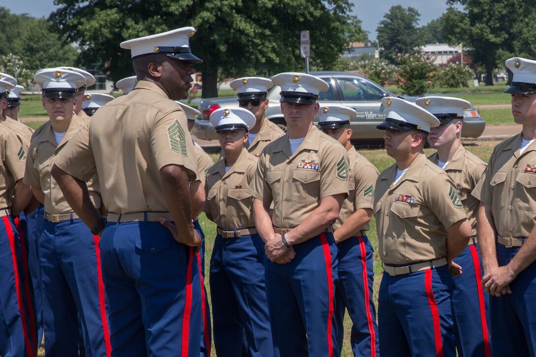 Sgt. Maj. Ronald L. Green, 18th sergeant major of the Marine Corps, addresses the Marines of Marine Aerial Refueler Transport Squadron 452, Marine Aircraft Group 49, 4th Marine Aircraft Wing, who gather at the Memorial Marker dedicated to honor the sacrifice of the fallen passengers and crew of Yanky 72, during the Memorial Ceremony, July 14, 2018. The Yanky 72 Memorial Ceremony was held to remember and honor the ultimate sacrifices made by the fallen Marines and Sailor of VMGR-452 and Marine Corps Special Operations Command. (U.S. Marine Corps photo by Lance Cpl. Samantha Schwoch/released)