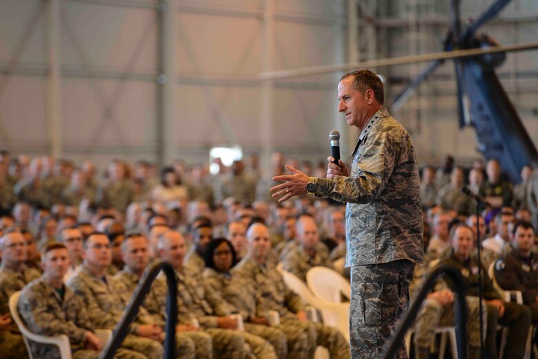 Chief of Staff of the Air Force Gen. David L. Goldfein speaks to Aviano Air Base Airmen at an all-call during his base tour, July 6, 2018 at Aviano AB, Italy. Goldfein visited several squadrons during his tour to talk about his views on the Air Force’s future. (U.S. Air Force photo by Airman 1st Class Ryan Brooks)