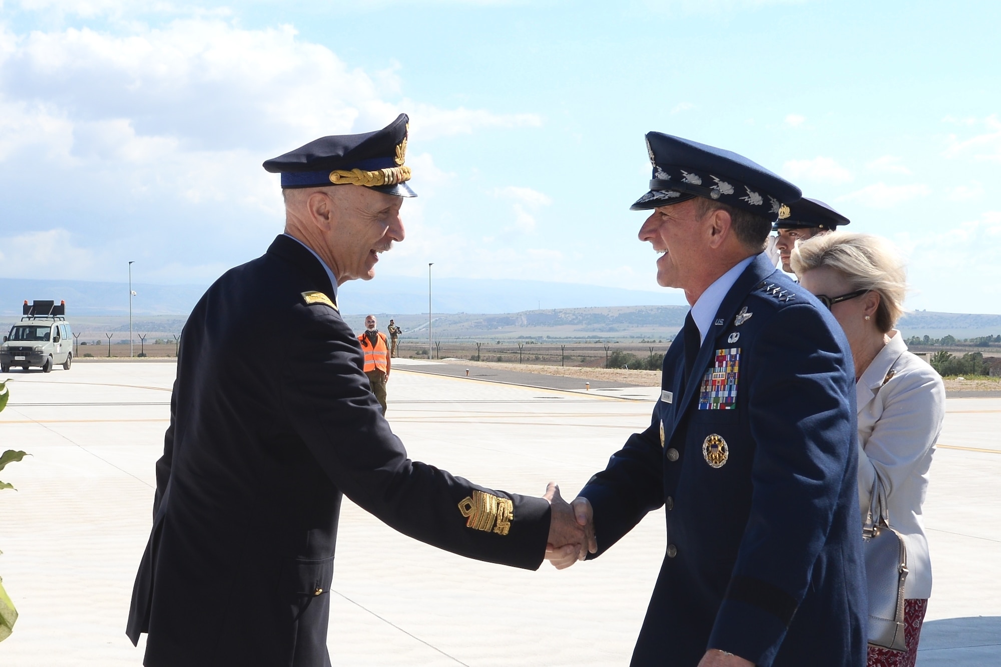 U.S. Chief of Staff of the Air Force Gen. David L. Goldfein is greeted by Italian Air Force Chief of Staff Lt. Gen. Enzo Vecciarelli upon his arrival at Amendola Air Base, Italy, July 7, 2018. Goldfein visited several air bases across Italy July 5-9, where he met with military and political leaders to strengthen international partnerships. (Courtesy photo)