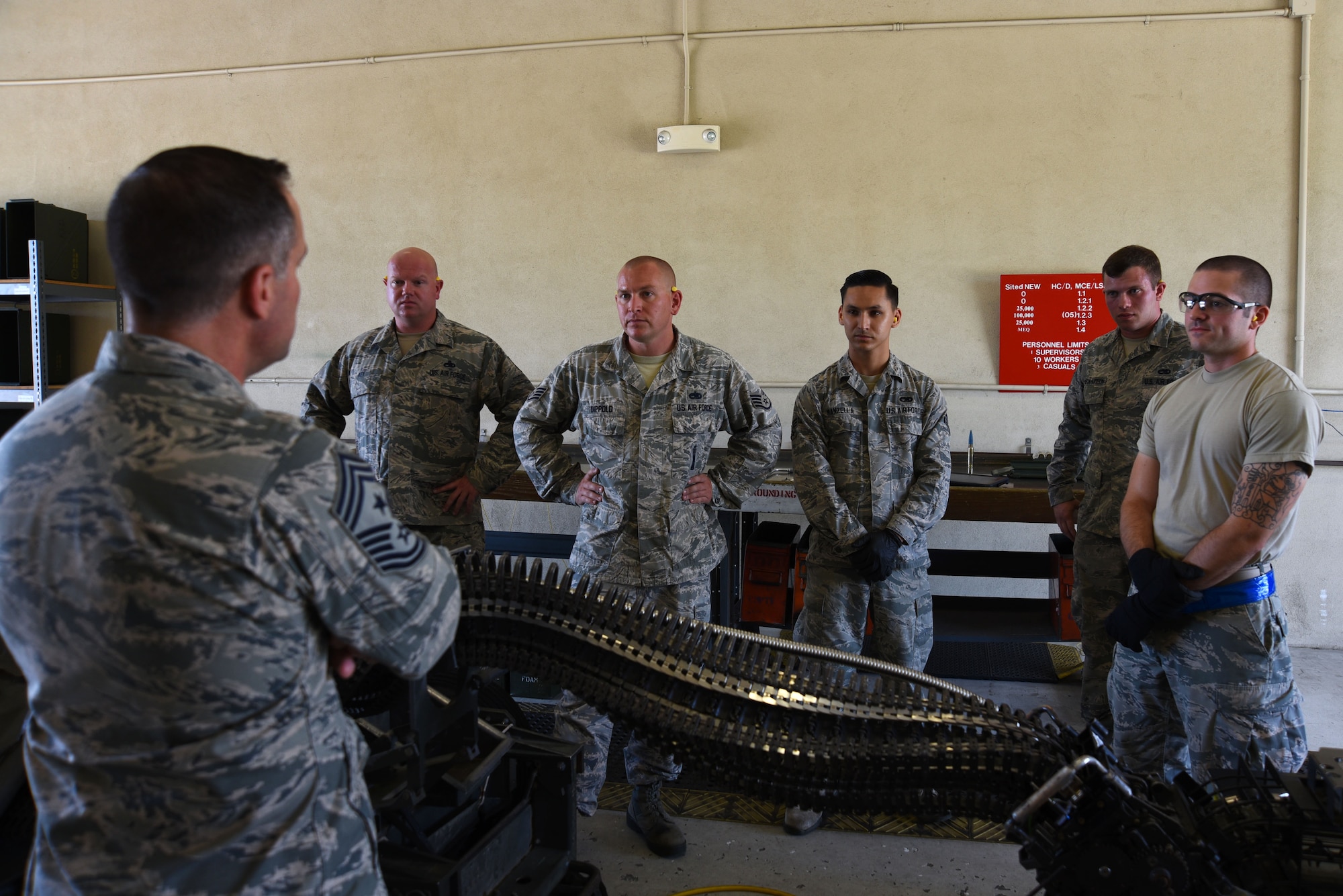U.S. Air Force Chief Master Sgt. Daniel Hoglund, 20th Fighter Wing command chief, left, speaks with 20th Equipment Maintenance Squadron (EMS) conventional maintenance flight Airmen during a visit to their shop at Shaw Air Force Base, S.C., July 10, 2018.
