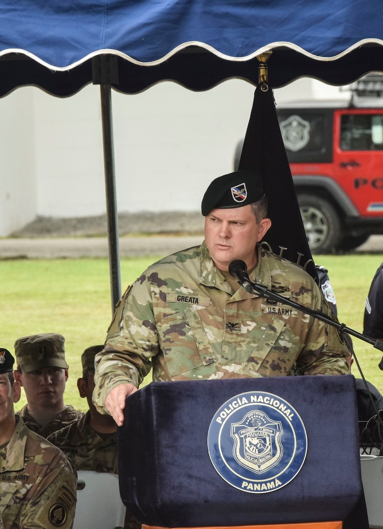 U.S. Army Col. Brian Greata speaks during the Fuerzas Comando opening ceremony.