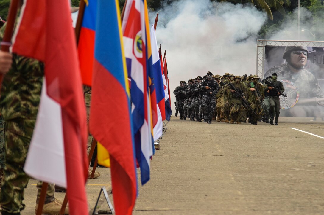 Panama Police force marches during the Fuerzas Comando opening ceremony