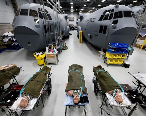 Patient simulators, which can blink, speak, bleed and allow students to monitor vital signs and administer drugs, are used for aeromedical evacuation training by active-duty, reserve and ANG Airmen, as well as, members of other services and partner nations, aboard C-17 and C-130 mockups during the Flight Nurse and Aeromedical Technician Course at the 711th Human Performance Wing's U.S. Air Force School of Aerospace Medicine at Wright Patterson AFB, Ohio, Jan. 29, 2018. (U.S. Air Force photo by J.M. Eddins Jr.)