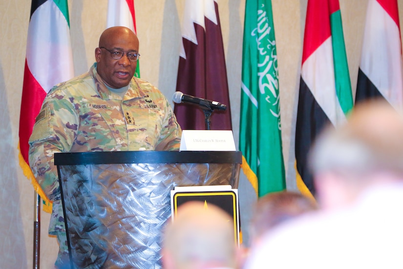 Lt. Gen. Charles Hooper, director, Defense Security Cooperation Agency, discusses security cooperation and full spectrum capability regarding defense systems to support bilateral partnerships at the 2018 Senior Strategy Session – Arabian Peninsula / Levant in Arlington, Va, July 11, 2018. Hooper, the senior U.S. Army foreign area officer with almost 16 years of security cooperation, security assistance and military attaché experience, discussed ongoing reforms of the Security Cooperation Enterprise that include a new curriculum to create unique specialties for security personnel to support effective interoperability and fulfilling the United States’ commitment to being the international “partner of choice.” Over the four-day conference, speakers and participants will engage in discussions centering on the complexities and lessons learned from Joint, Interagency, Intergovernmental  and Multinational (JIIM) efforts during ongoing theatre campaigns that have global implications.