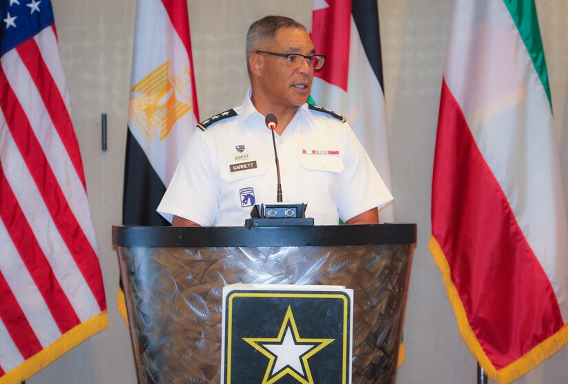 Lt. Gen. Michael Garrett, commanding general, U.S. Army Central, provides the opening remarks at the 2018 Senior Strategy Session – Arabian Peninsula / Levant in Arlington, Va, July 9, 2018. The conference promoted the successes of ongoing coalition action against emerging threats and improved shared understanding of regional land force counterparts to invest in the right capabilities to achieve better interoperability and greater effectiveness in pursuing mutual national interests. Over the four-day conference, speakers and participants will engage in discussions centering on the complexities and lessons learned from Joint, Interagency, Intergovernmental and Multinational (JIIM) efforts during ongoing theater campaigns that have global implications.