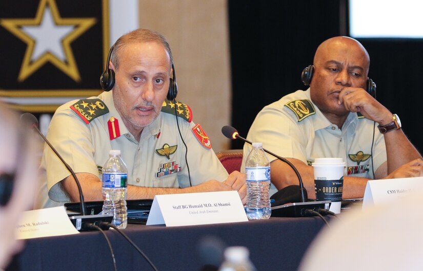 Staff Brig. Gen. Humaid M.O. Al Shamsi, chief of staff, United Arab Emirates Land Forces and Command Sgt. Maj. Haider H.A. Al Blooshi, senior enlisted advisor, U.A.E. Land Forces, discusses how beneficial combined exercises are for interoperability at the 2018 Senior Strategy Session – Arabian Peninsula / Levant in Arlington, Va, July 10, 2018. The conference promoted the successes of ongoing coalition action against emerging threats and improved shared understanding of regional land force counterparts to invest in the right capabilities to achieve better interoperability and greater effectiveness in pursuing mutual national interests. Over the four-day conference, speakers and participants will engage in discussions centering on the complexities and lessons learned from Joint, Interagency, Intergovernmental and Multinational (JIIM) efforts during ongoing theater campaigns that have global implications.