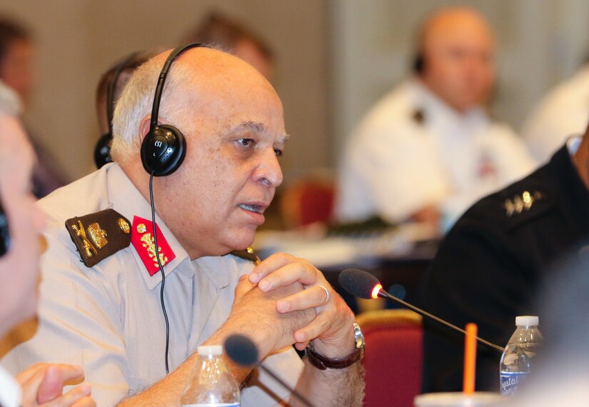 Maj. Gen. Medhat Mohamed Mahmoud Alnahas, Egyptian Assistant Secretary of Defense shares his perspective of coalition operations during a group discussion at the 2018 Senior Strategy Session – Arabian Peninsula / Levant in Arlington, Va, July 10, 2018. The conference promoted the successes of ongoing coalition action against emerging threats and improved shared understanding of regional land force counterparts to invest in the right capabilities to achieve better interoperability and greater effectiveness in pursuing mutual national interests. Over the four-day conference, speakers and participants will engage in discussions centering on the complexities and lessons learned from Joint, Interagency, Intergovernmental and Multinational (JIIM) efforts during ongoing theater campaigns that have global implications.