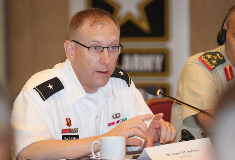 Brig. Gen. Stephen Radulski, 28th Infantry Division Assistant Commander (Maneuver), provides his feedback as the deputy commanding general for USARCENT’s Task Force Spartan during a group discussion at the 2018 Senior Strategy Session – Arabian Peninsula / Levant in Arlington, Va, July 10, 2018. The conference promoted the successes of ongoing coalition action against emerging threats and improved shared understanding of regional land force counterparts to invest in the right capabilities to achieve better interoperability and greater effectiveness in pursuing mutual national interests. Over the four-day conference, speakers and participants will engage in discussions centering on the complexities and lessons learned from Joint, Interagency, Intergovernmental and Multinational (JIIM) efforts during ongoing theater campaigns that have global implications.