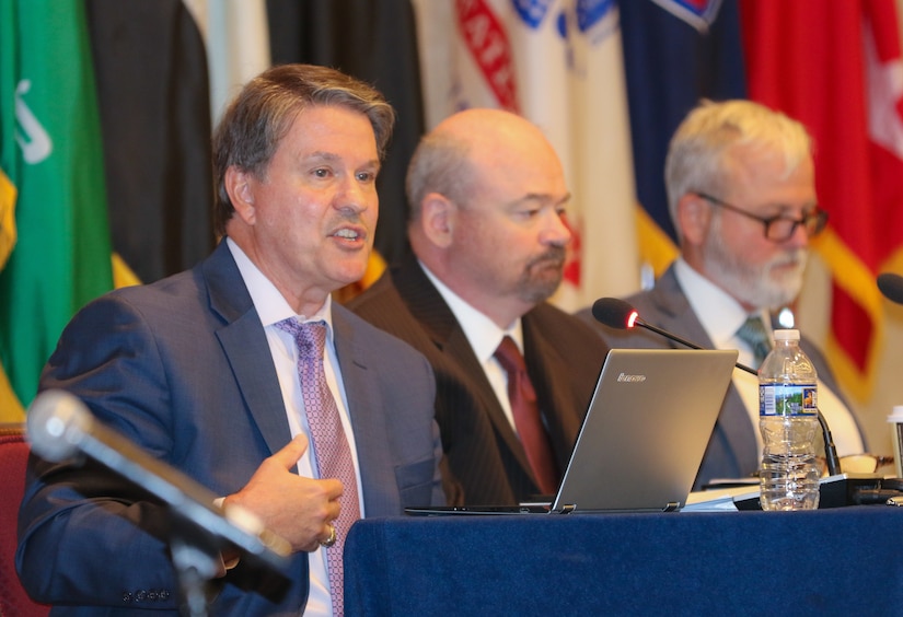 Dr. Christopher Bolan, professor, U.S. Army War College, delivers a presentation on security threats to the region, entitled “Deterrence as a Strategic Framework” at the 2018 Senior Strategy Session – Arabian Peninsula / Levant in Arlington, Va, July 10, 2018. 

He was joined on the panel by Dr. Richard Love, professor of Peacekeeping and Stability Operations, and Dr. Charles Pfaff, research professor at the Strategic Studies Institute, U.S. Army War College. The conference promoted the successes of ongoing coalition action against emerging threats and improved shared understanding of regional land force counterparts to invest in the right capabilities to achieve better interoperability and greater effectiveness in pursuing mutual national interests. Over the four-day conference, speakers and participants will engage in discussions centering on the complexities and lessons learned from Joint, Interagency, Intergovernmental and Multinational (JIIM) efforts during ongoing theater campaigns that have global implications.