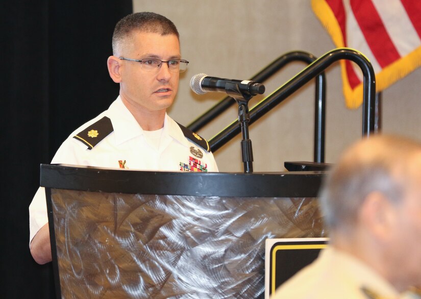 Maj. Ryan O’Reilly, strategic planner, U.S. Army Central, introduces the concept of a Coalition Land Operations Center as a driver for coalition interoperability that would operationalize a regional land power network between USARCENT and partner nations at the 2018 Senior Strategy Session – Arabian Peninsula / Levant in Arlington, Va, July 10, 2018. Ideally, CLOC would better enable mission command, information and intelligence sharing, collaboration and standardization for potential coalition constructs in advance of crises and future operations. Over the four-day conference, speakers and participants will engage in discussions centering on the complexities and lessons learned from Joint, Interagency, Intergovernmental and Multinational (JIIM) efforts during ongoing theater campaigns that have global implications.