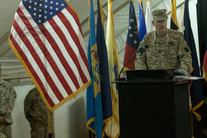 U.S. Army Maj. Gen. Andrew Schafer, commanding general of the 28th Infantry Division, thanks the 2nd Brigade, 1st Armored Division, for the work they have accomplished during their deployment, and welcomes the 155th Armored Brigade Combat Team, Mississippi Army National Guard, as they assume authority from the 2nd BDE, 1st AD, at a transfer of authority ceremony in Camp Buehring, Kuwait, July 15, 2018. The ceremony was the final step in the process of the 155th ABCT assuming operational responsibility from the 2nd BDE, 1st AD.