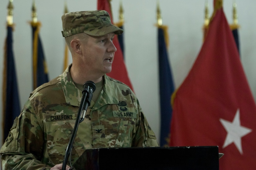 U.S. Army Col. Chad Chalfont, commander of the 2nd Brigade, 1st Armored Division, delivers a farewell speech to his unit and the 155th Armored Brigade Combat Team, Mississippi Army National Guard, the unit which will be replacing the 2nd BDE, 1st AD in Camp Buehring, Kuwait, July 15, 2018. Chalfont said he was proud of the work his Soldiers had accomplished to improve readiness in the area of operations during their deployment.