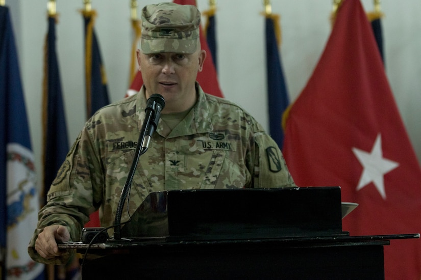 U.S. Army Col. Robert Ferguson, commander of the 155th Armored Brigade Combat Team, Mississippi Army National Guard, addresses his Soldiers during a ceremony as the unit assumes authority from the 2nd Brigade, 1st Armored Division, at Camp Buehring, Kuwait, July 15, 2018. Ferguson stated the 155th ABCT was capable and ready to answer any mission assigned to the unit.
