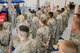 Maj. Gen. Bradley D. Spacy, Air Force Installation and Mission Support Center commander, speaks with Airmen of the Wright-Patterson Air Force Base Honor Guard in their training facility during a visit to the installation July 12, 2018.
