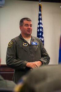 Col. Gary Eilers, director of operations, 19th Air Force briefs participants inside the Danielson auditorium during day two of the AETC PRA training enhancement summit, Joint Base San Antonio-Randolph July 11. This is a 3-day summit hosted by AETC, led by four different program managers representing graduate and undergraduate RPA training systems and training programs.